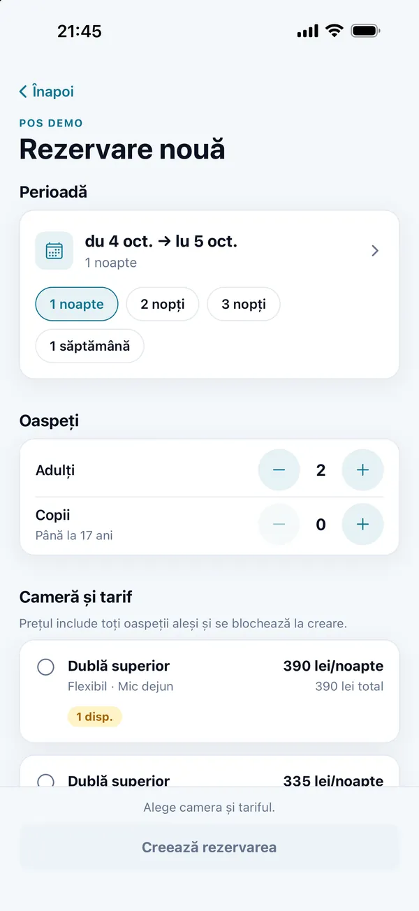 Rezervare nouă în DelivCore Hotel: perioada, oaspeții și camerele libere cu prețul pe noapte