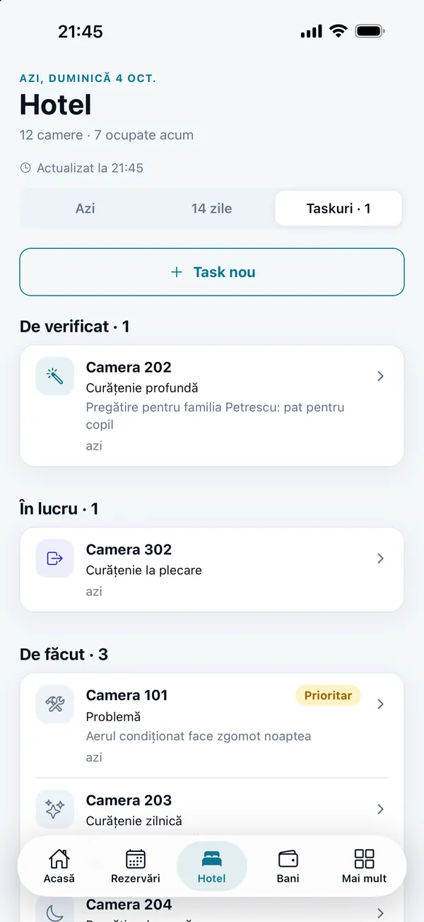 Taskurile de menaj în DelivCore Hotel, grupate: de verificat, în lucru și de făcut