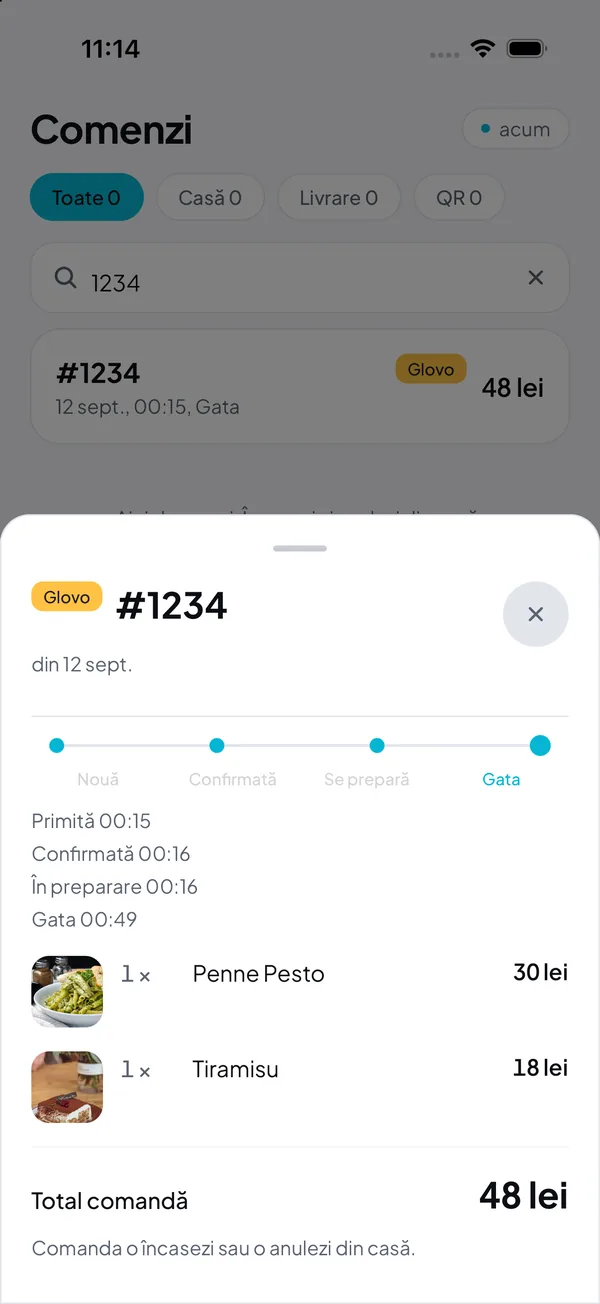 Fișa unei comenzi Glovo în DelivCore Manager: produsele, etapele și ora fiecăreia