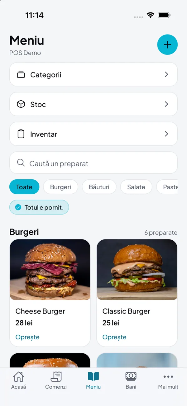 Meniul în DelivCore Manager: categorii, stoc, inventar și preparatele cu poze