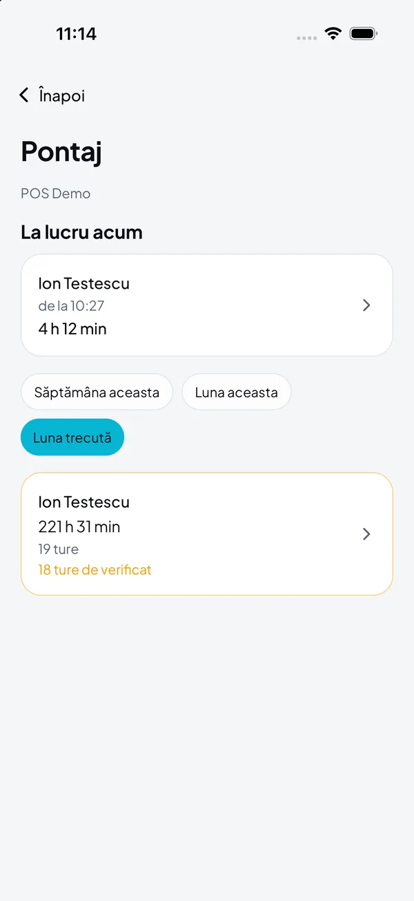 Pontajul în DelivCore Manager: cine e la lucru acum și de când