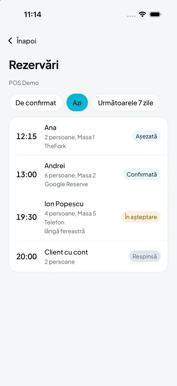 Rezervările de azi în DelivCore Manager, cu ora, persoanele, masa și starea fiecăreia
