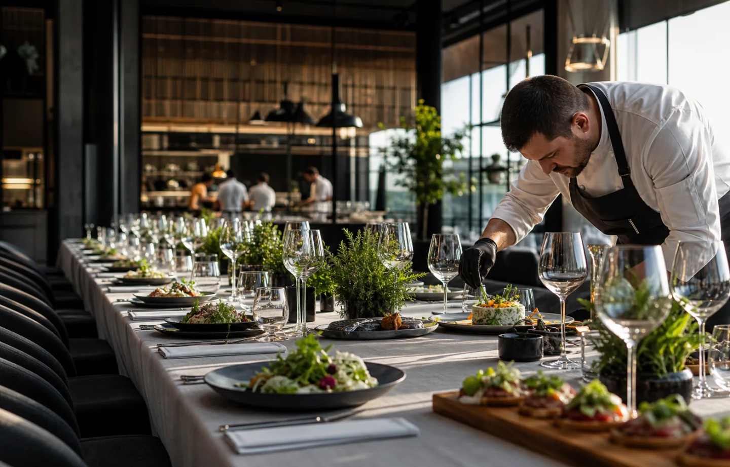 Chef completing a premium corporate catering setup before guests arrive