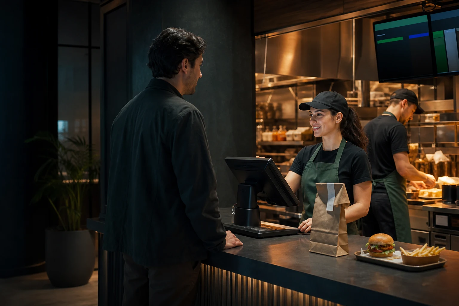 Fast-food team serving a customer through a modern POS during an active kitchen shift