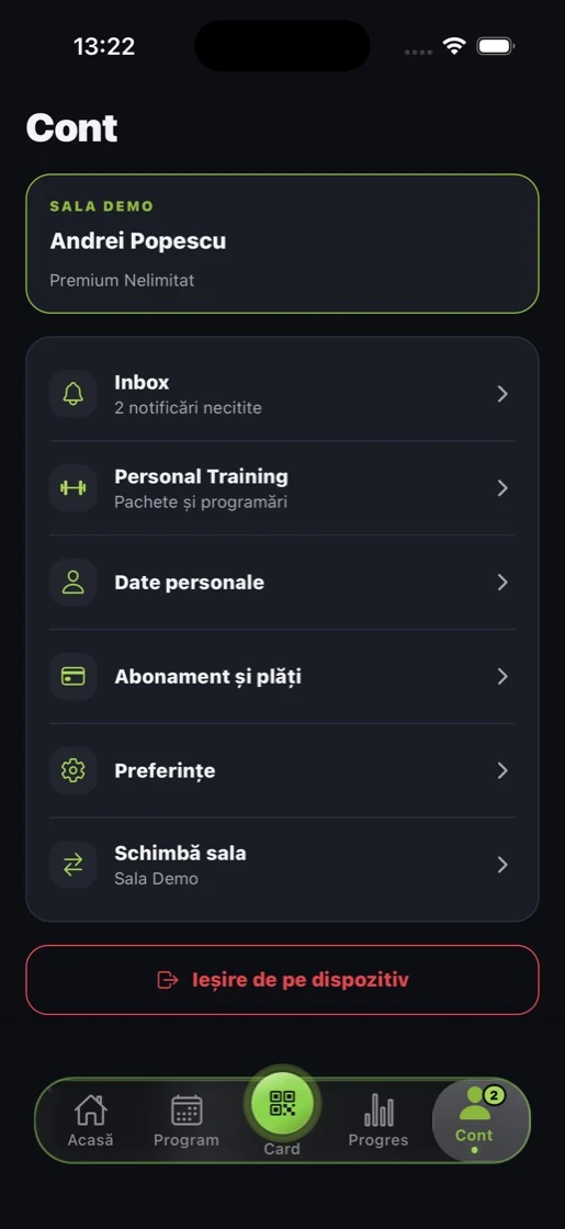 Aplicația de membru, Cont
