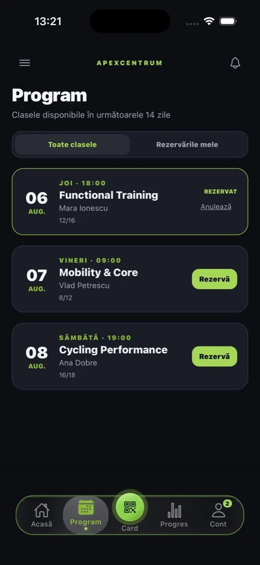 Aplicația de membru, Program