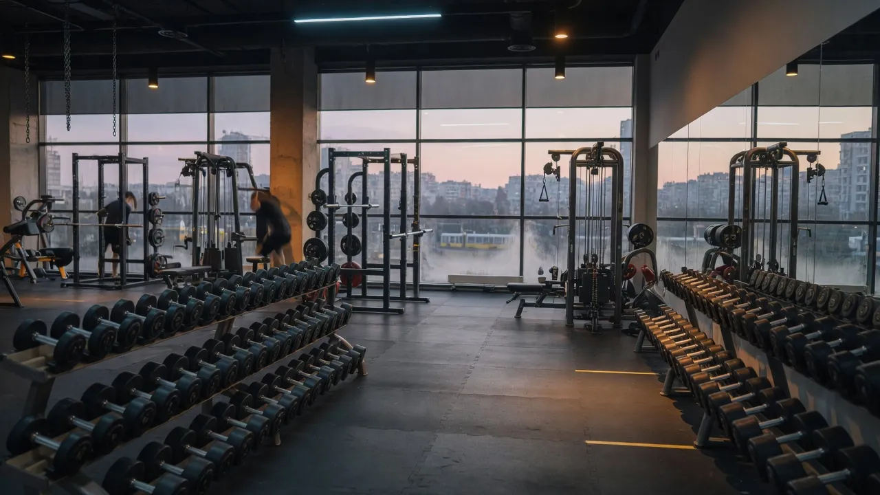 Sală de fitness modernă: gantere, rame și ferestre mari
