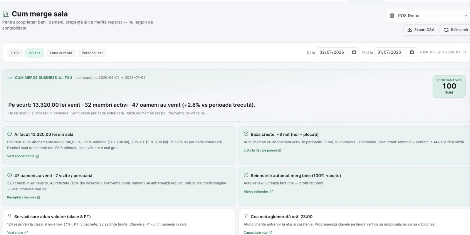Raportul „Cum merge sala” din adminul DelivCore