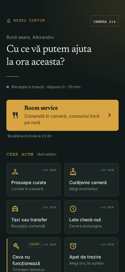 Concierge on a guest phone, Nocturn theme: dark background, brass accents, room number and service tiles with response times