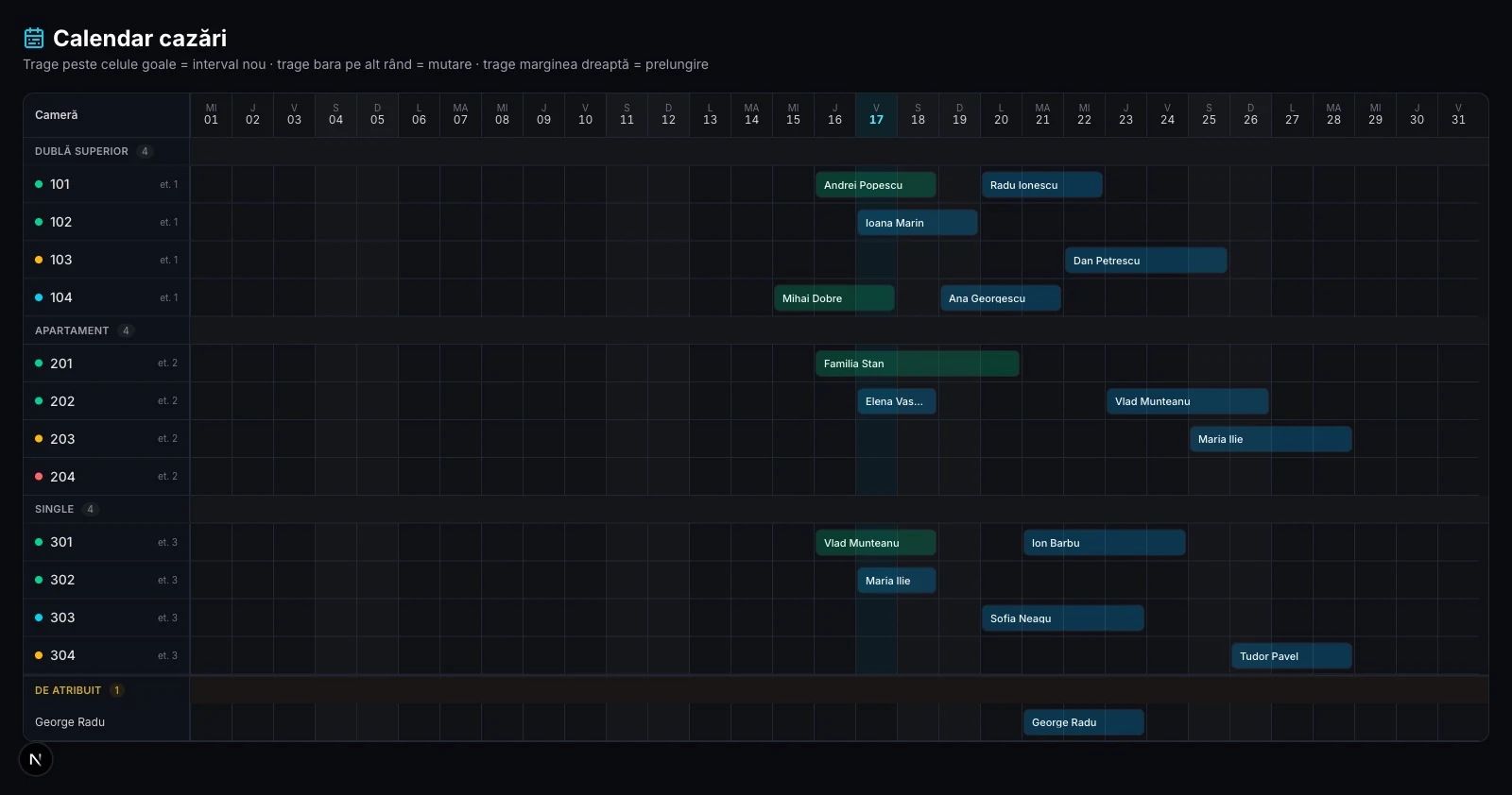 Calendar de rezervări pe o lună, drag-and-drop