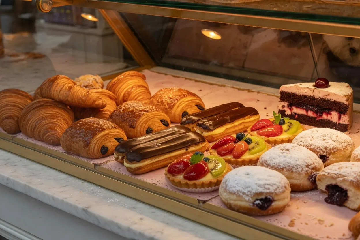 Pastry display case with croissants, eclairs and cakes