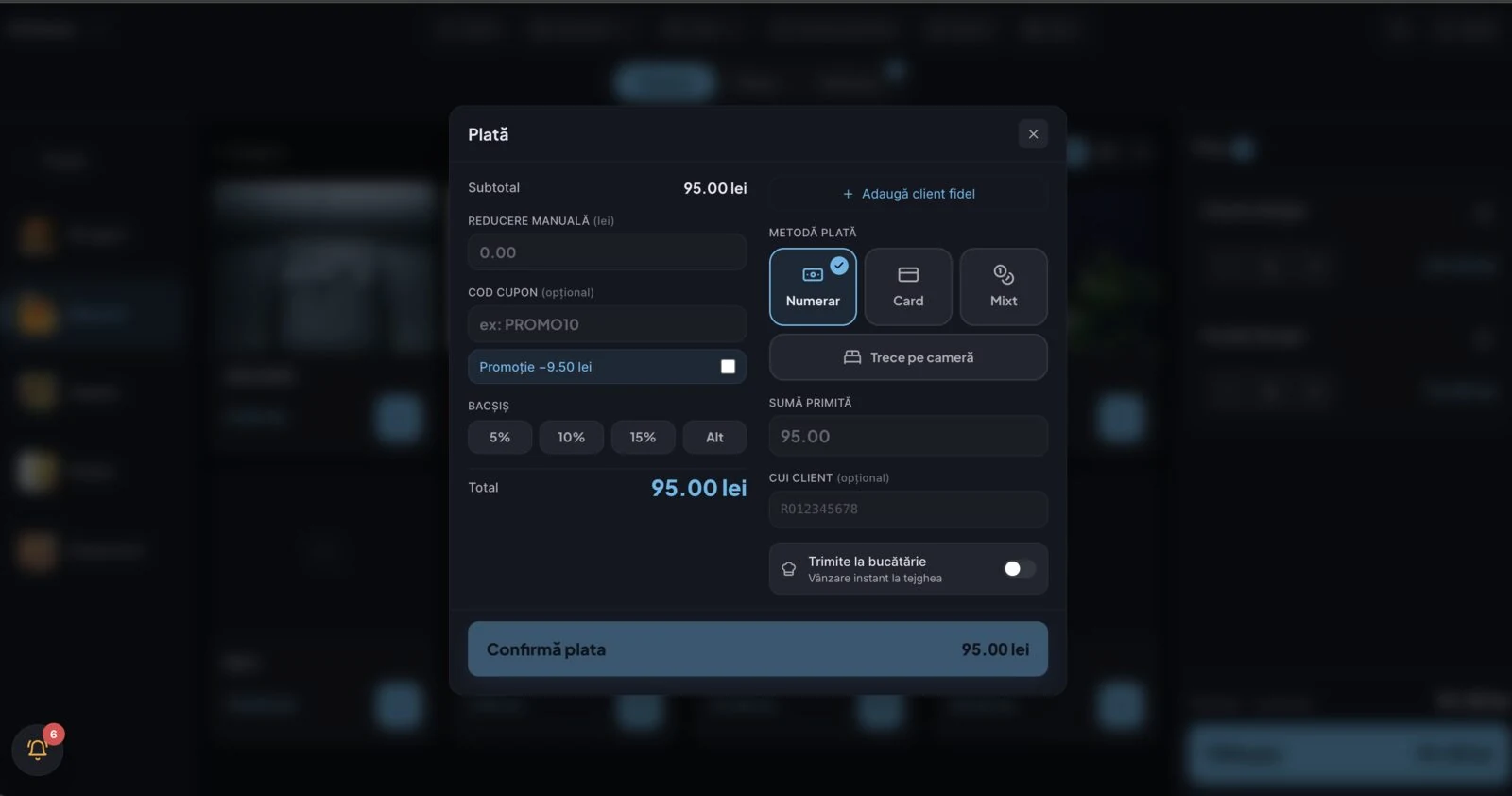 Dialogul de plată din POS: numerar, card sau mixt, bacșiș, reduceri, cod cupon și CUI client