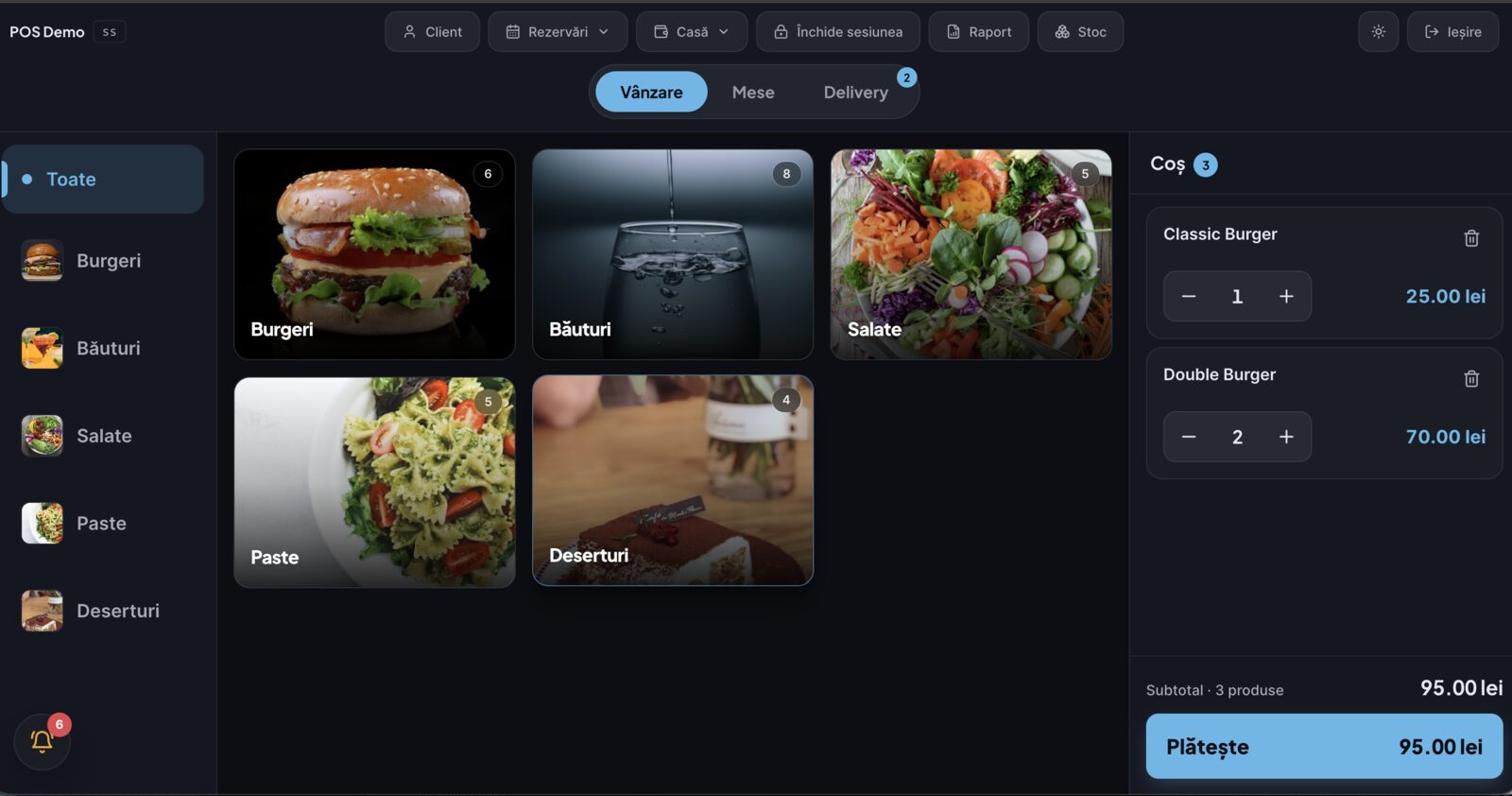 Sistem POS cloud DelivCore pe ecran de vânzare, restaurant din România