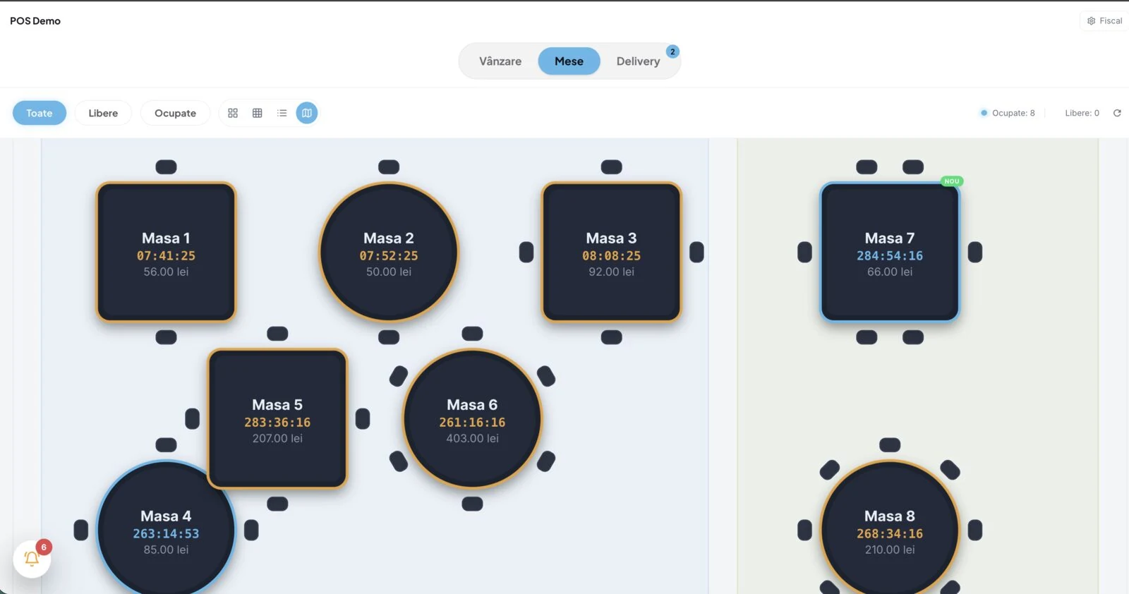 Floor plan on the light theme with live table timers and totals