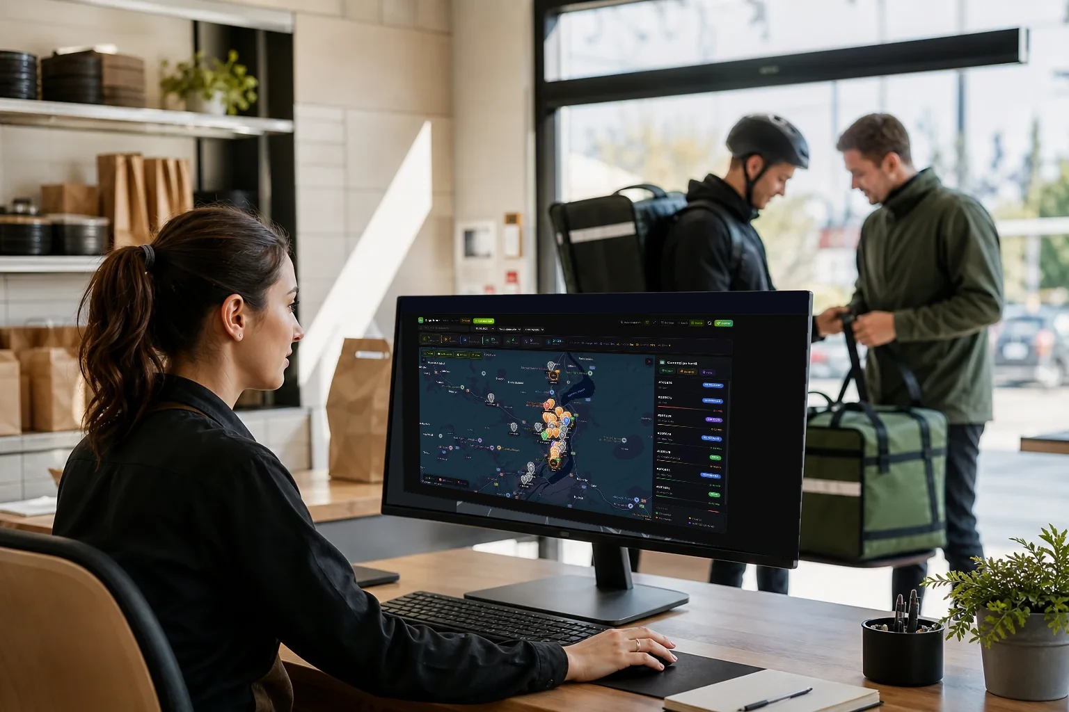 Delivery coordinator managing courier routes from the DelivCore dispatch board