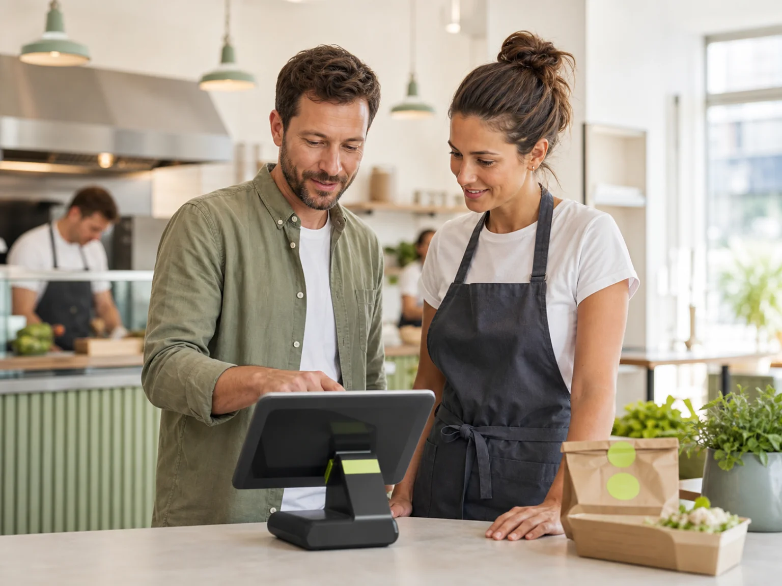 Restaurant owner and staff member reviewing orders in the DelivCore POS