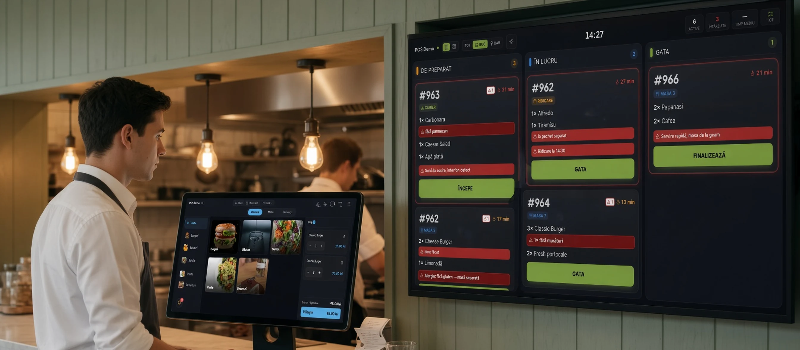 DelivCore KDS on the kitchen screen and DelivCore POS on the counter