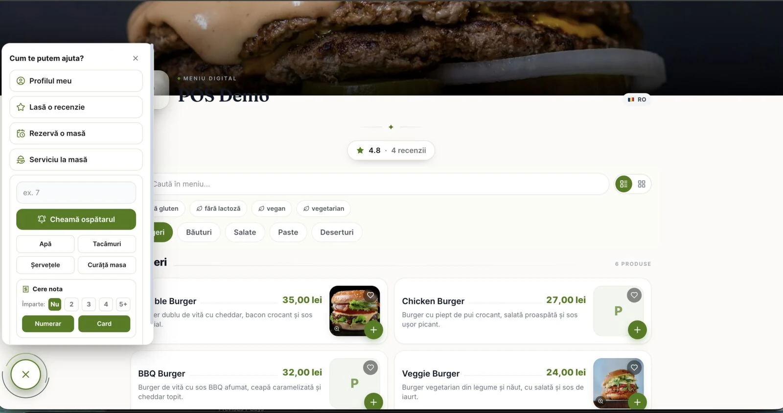 Guest actions panel on the QR menu: call the waiter, ask for water or cutlery, request the bill split by cash or card