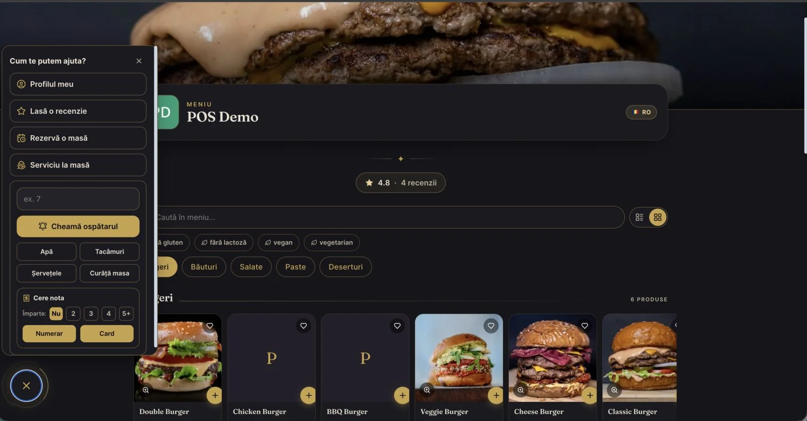 QR menu in dark luxe theme with gold accents