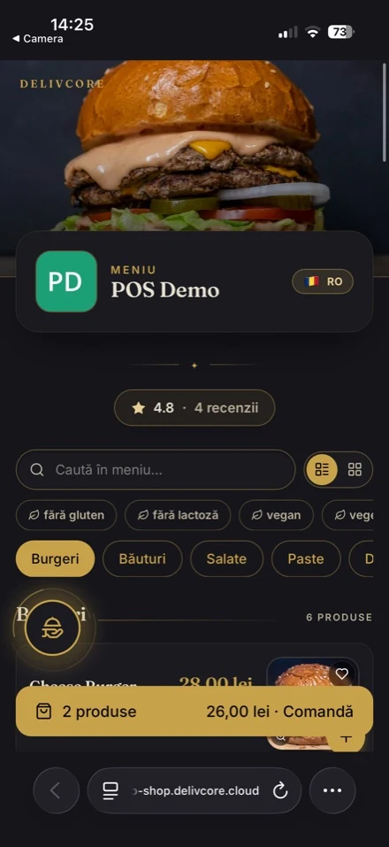 Meniu QR pe telefon: copertă, rating, căutare, filtre
