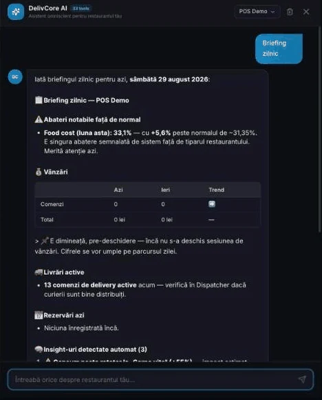 DelivCore AI în adminul platformei: briefingul zilnic pe restaurantul demo, cu abateri de food cost, livrări active și insight-uri