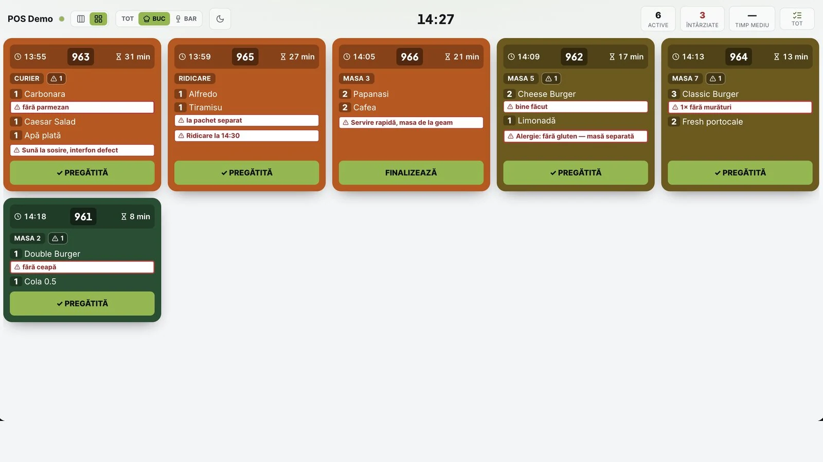 Kitchen display on the light theme in grid view