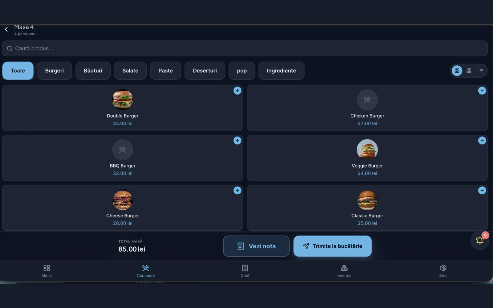 Waiter app taking an order at the table